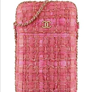 Auth Chanel tweed chain around phone holder purse pink cross body runway bag